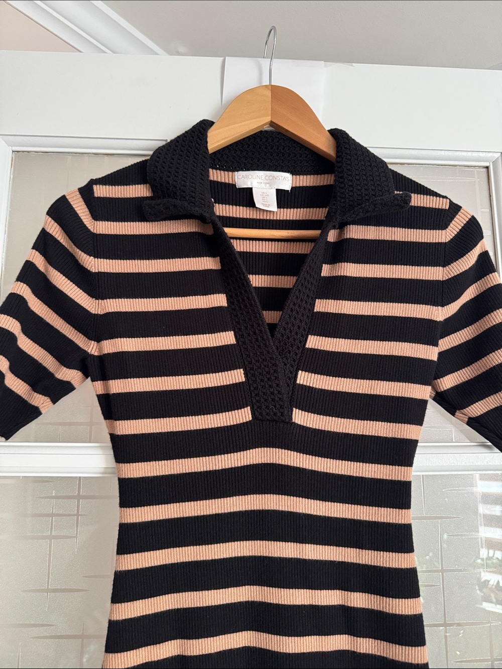 Caroline Constas Black and Tan Striped Polo Midi Dress - Picture 2 of 10